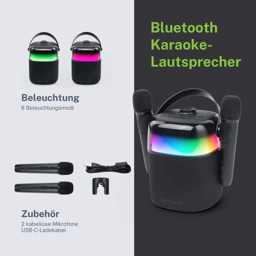 Muse M-530 KA, Altavoz BT Karaoke, Potencia 30W, con 6 Modos de luz. IPXS, Sonido de acompañamiento. Entrada Auxiliar, Toma de Auriculares, Entrada de Mic, Puerto USB