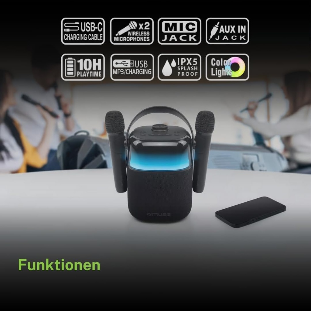 Muse M-530 KA, Altavoz BT Karaoke, Potencia 30W, con 6 Modos de luz. IPXS, Sonido de acompañamiento. Entrada Auxiliar, Toma de Auriculares, Entrada de Mic, Puerto USB