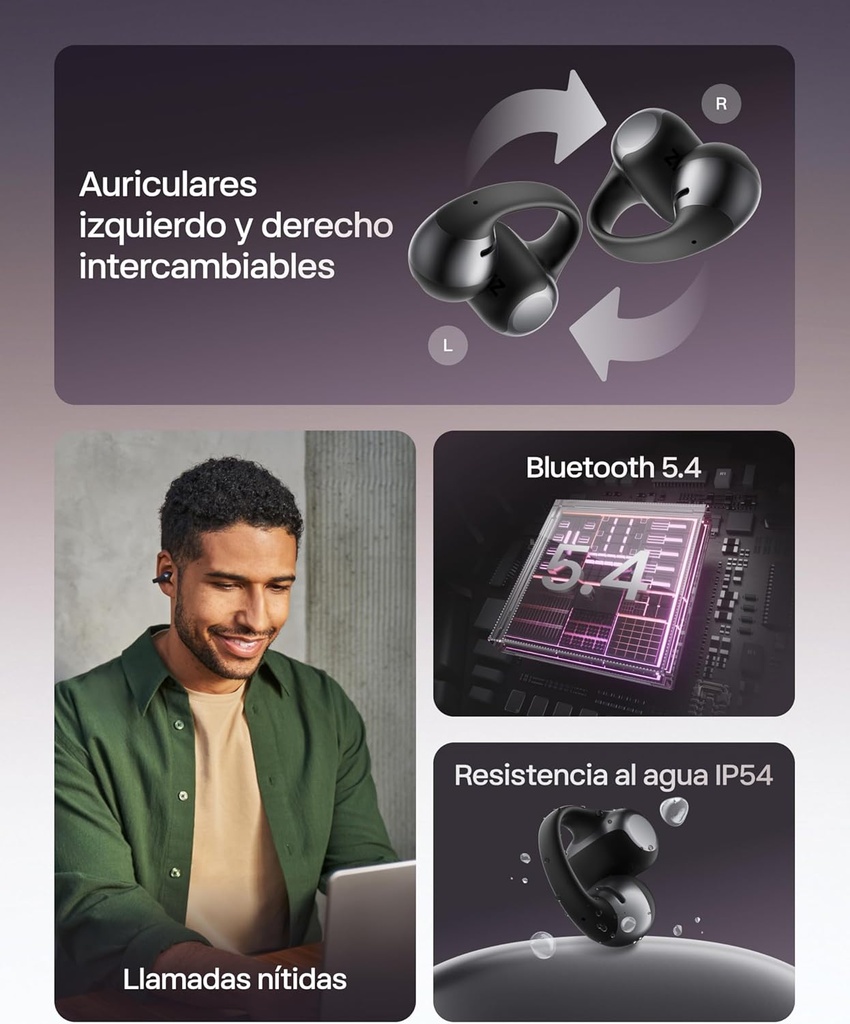 Auriculares Inalámbricos Bluetooth 5.4, Audifonos Deportivos Abiertos Clip, Dolby Audio Premium 6,5g, Open Ear, 40H de Batería, 4 Mics, Cancelación Ruido