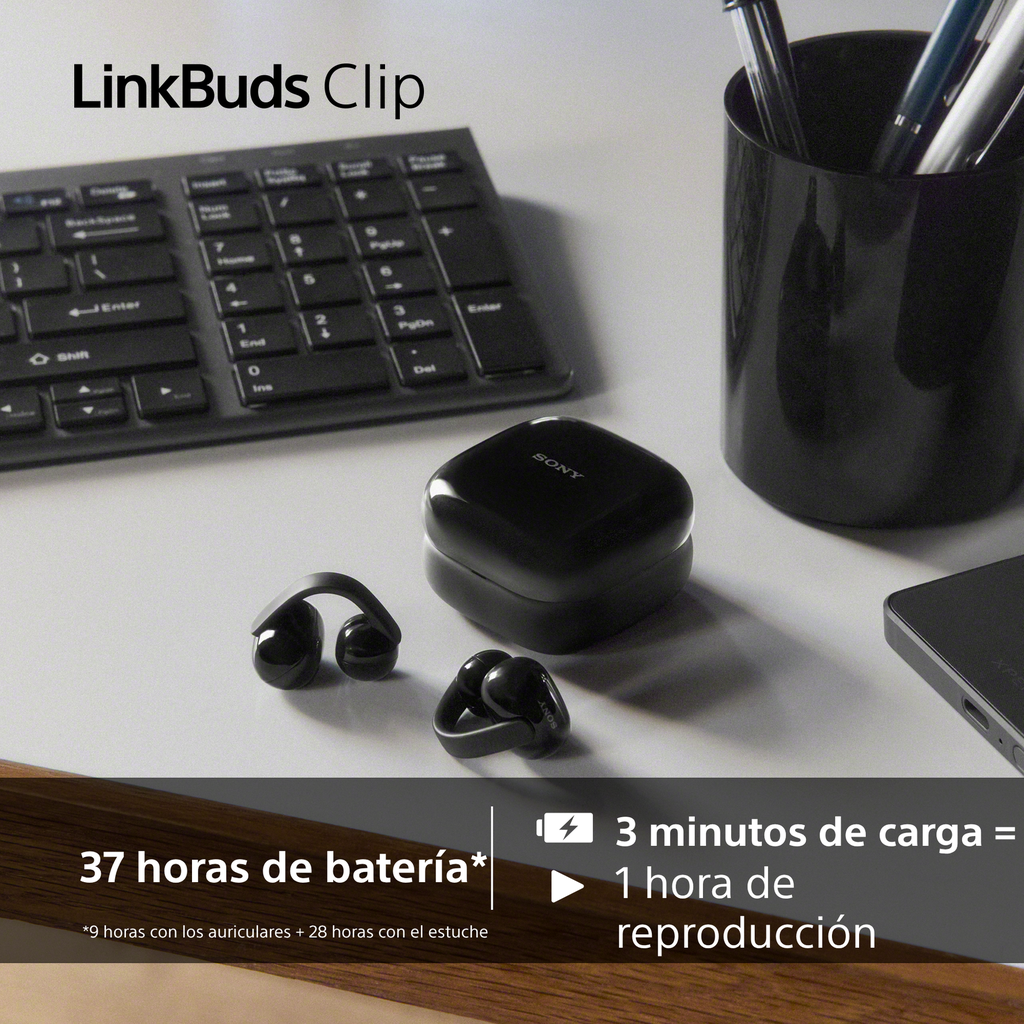 Sony LinkBuds WFLC900B Clip de estilo abierto, cómodo diseño con clip, 3 modos de escucha, IPX4, llamadas nítidas, 37 horas de batería, asistente de voz con IA, control táctil, iOS y Android