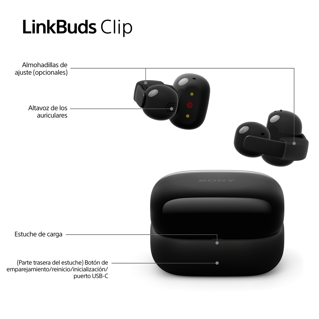 Sony LinkBuds WFLC900B Clip de estilo abierto, cómodo diseño con clip, 3 modos de escucha, IPX4, llamadas nítidas, 37 horas de batería, asistente de voz con IA, control táctil, iOS y Android