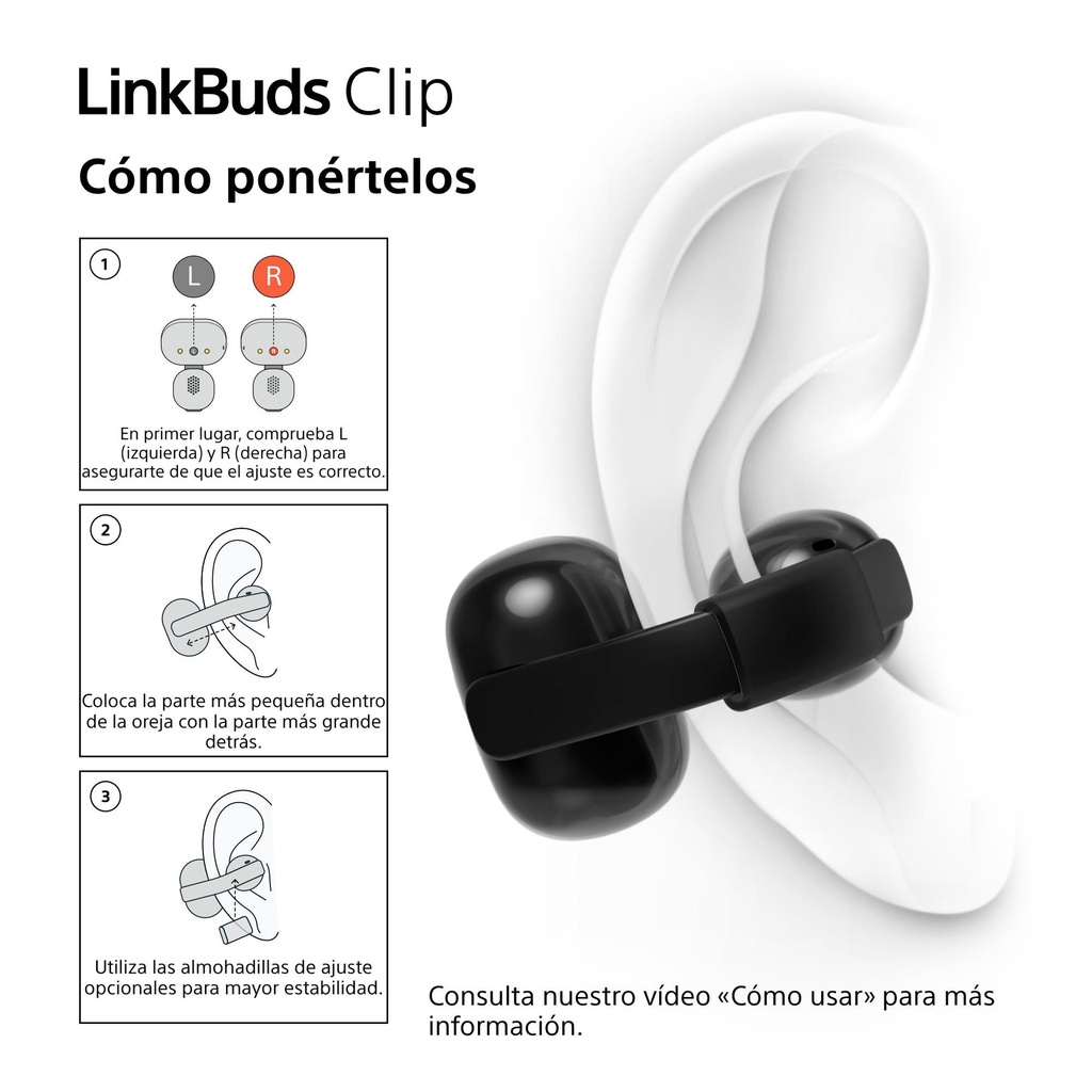 Sony LinkBuds WFLC900B Clip de estilo abierto, cómodo diseño con clip, 3 modos de escucha, IPX4, llamadas nítidas, 37 horas de batería, asistente de voz con IA, control táctil, iOS y Android