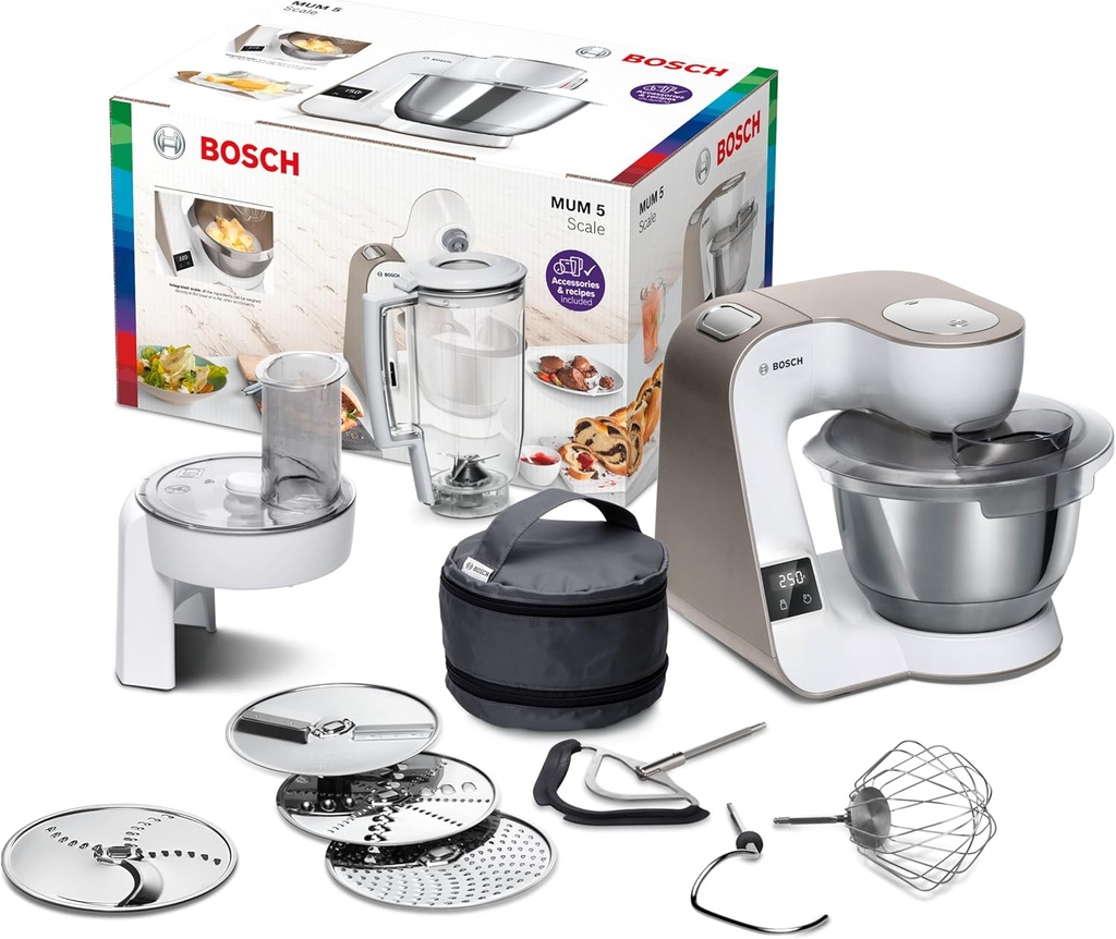 Bosch MUM5XW20, Robot de cocina con báscula1000 W, cuenco de acero inoxidable (3.9 L), juego profesional de pastelería, trituradora