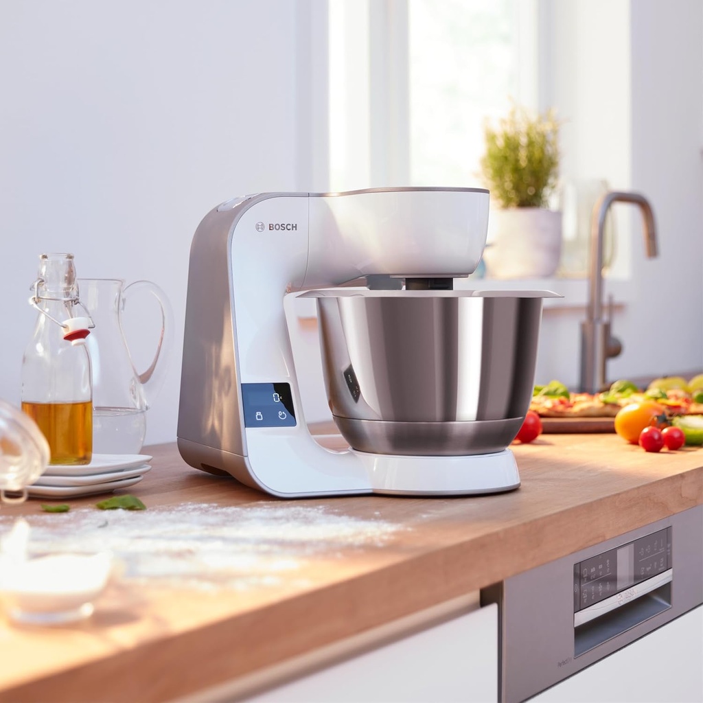Bosch MUM5XW20, Robot de cocina con báscula1000 W, cuenco de acero inoxidable (3.9 L), juego profesional de pastelería, trituradora