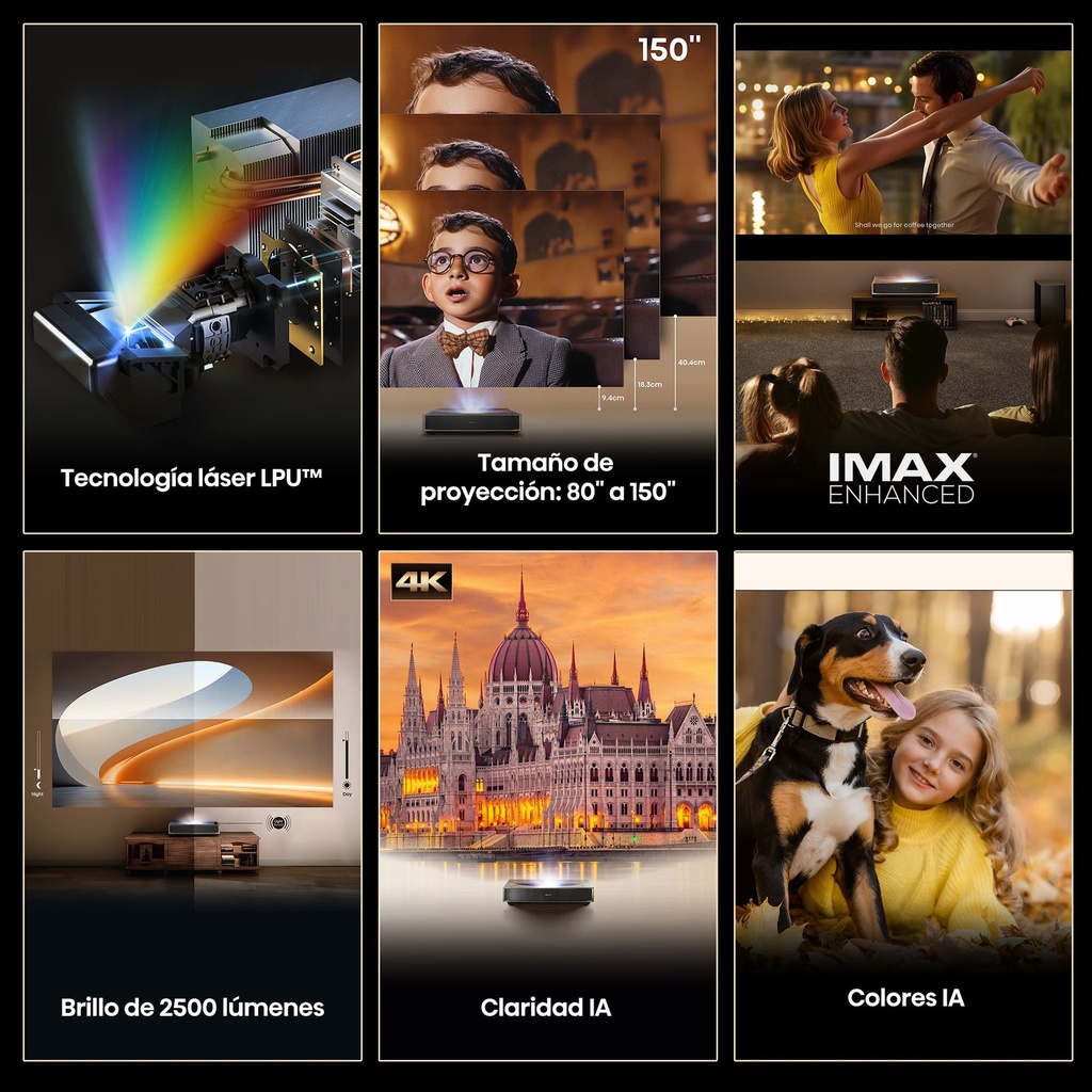 Proyector Laser Tricroma UHD 4K Smart TV Tiro corto, 80 a 150 pulgadas, 2500 Lumenes, Dolby Atmos, Dolby Vision