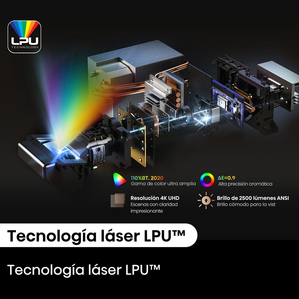 Proyector Laser Tricroma UHD 4K Smart TV Tiro corto, 80 a 150 pulgadas, 2500 Lumenes, Dolby Atmos, Dolby Vision