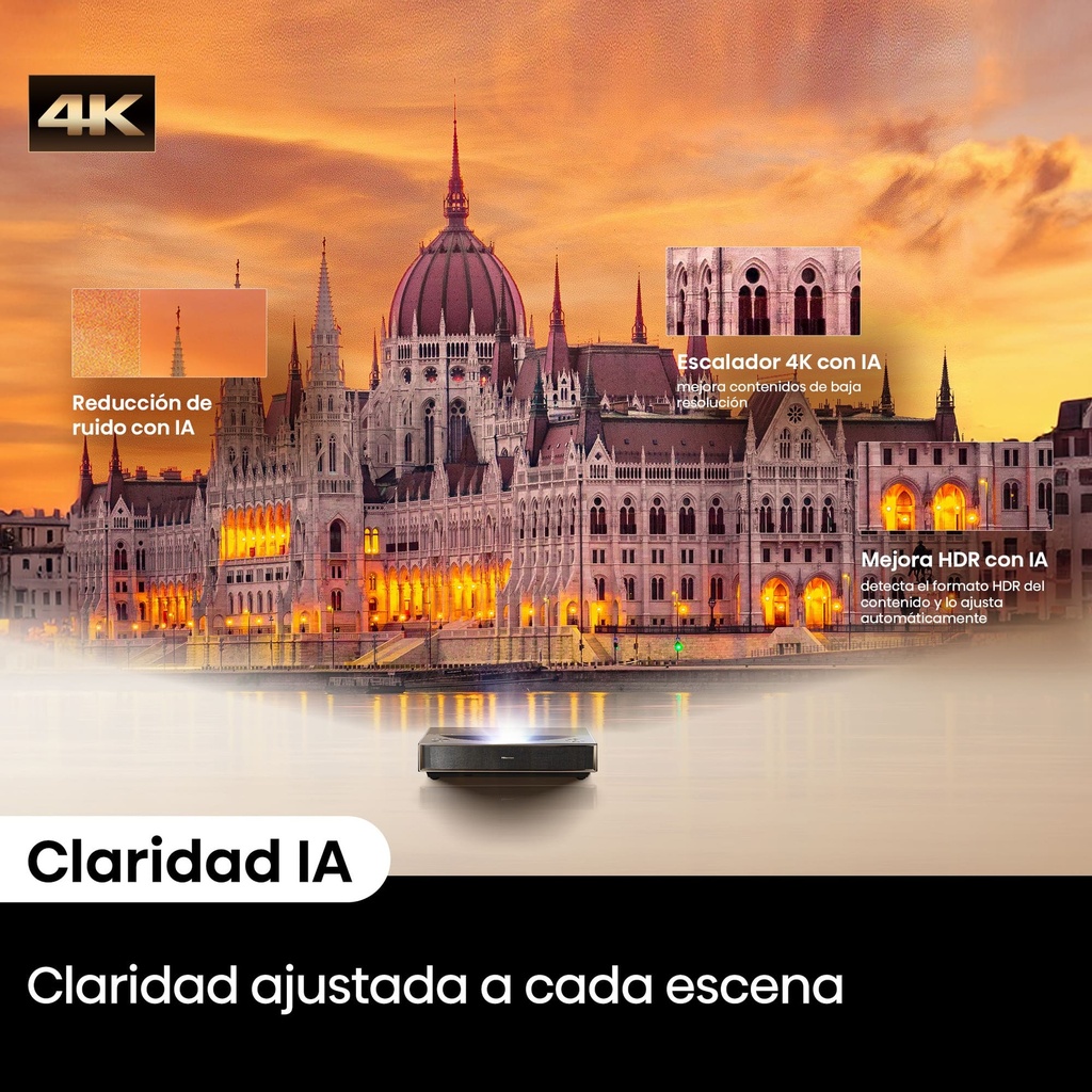 Proyector Laser Tricroma UHD 4K Smart TV Tiro corto, 80 a 150 pulgadas, 2500 Lumenes, Dolby Atmos, Dolby Vision