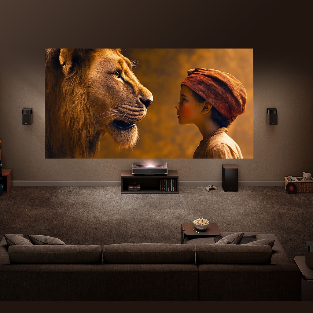 Proyector Laser Tricroma UHD 4K Smart TV Tiro corto, 80 a 150 pulgadas, 2500 Lumenes, Dolby Atmos, Dolby Vision