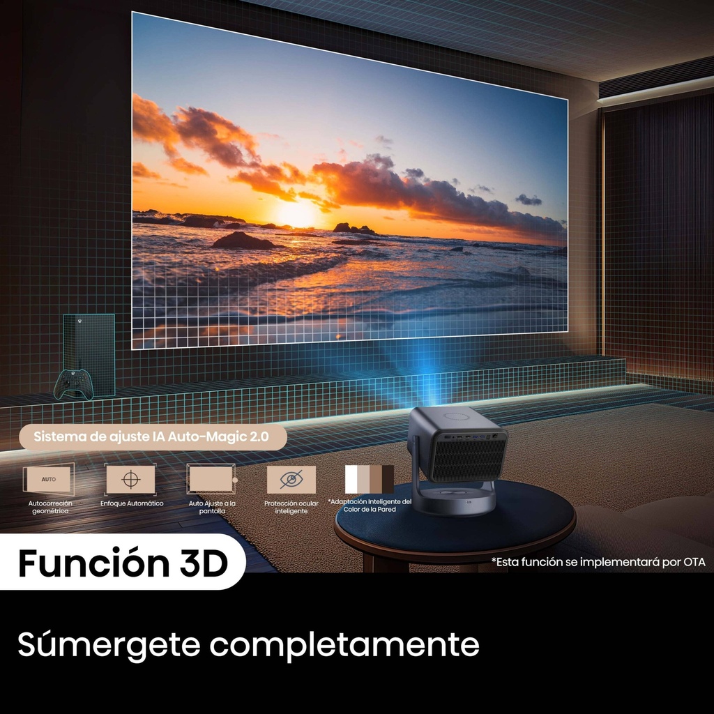 Mini Proyector Smart Tricroma UHD 4K, 65 a 300 pulgadas, 3000 Lumenes, Dolby Atmos, Dolby Vision, IMAX enhanced, HDR