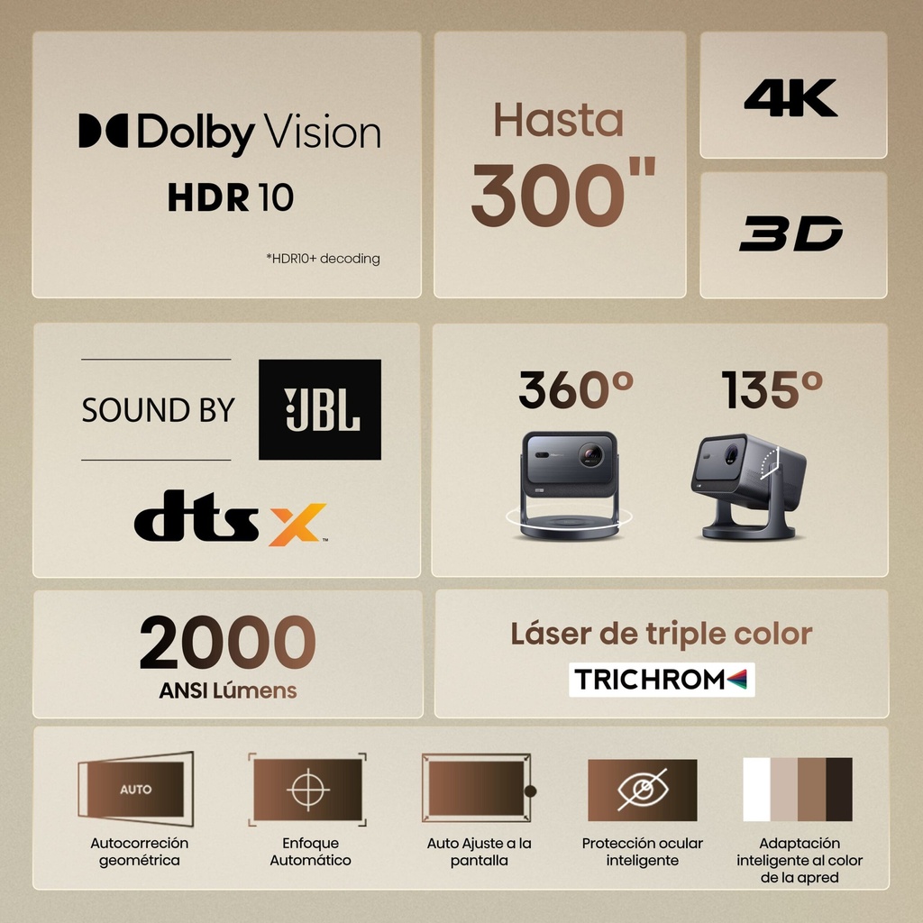 Mini Proyector Smart Tricroma UHD 4K, 65 a 300 pulgadas, 2000 Lumenes, Dolby Vision, HDR, Zoom Digital, Enfoque automático y manual