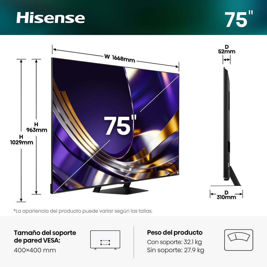HISENSE PRO MiniLED TV 75U7S PRO, Hi-QLED MiniLED Pro, Quad Core/MT9655, Hi-View AI Engine Pro, 165 Hz Nativos