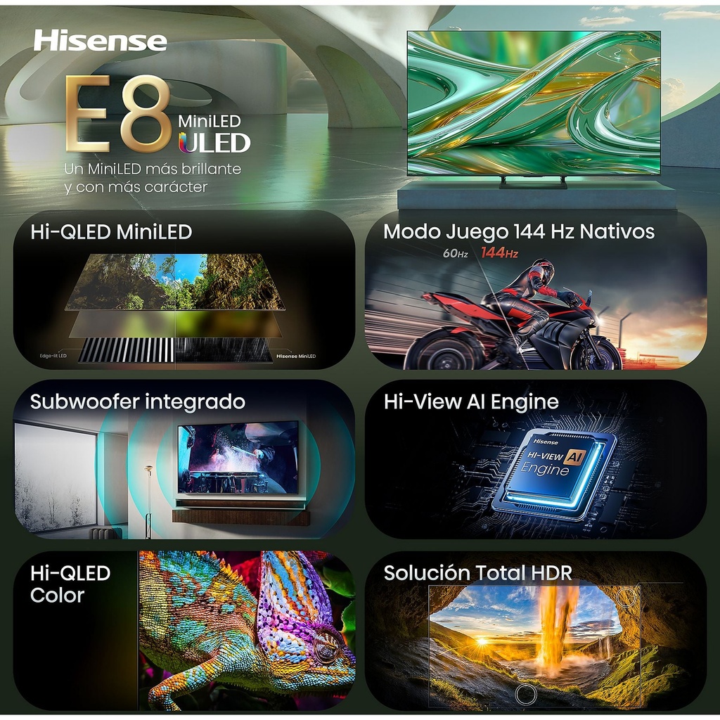 Hisense Mini LED TV 85E8S, UHD 4K, Quad Core / MT9618, Total HDR, Subwoofer integrado