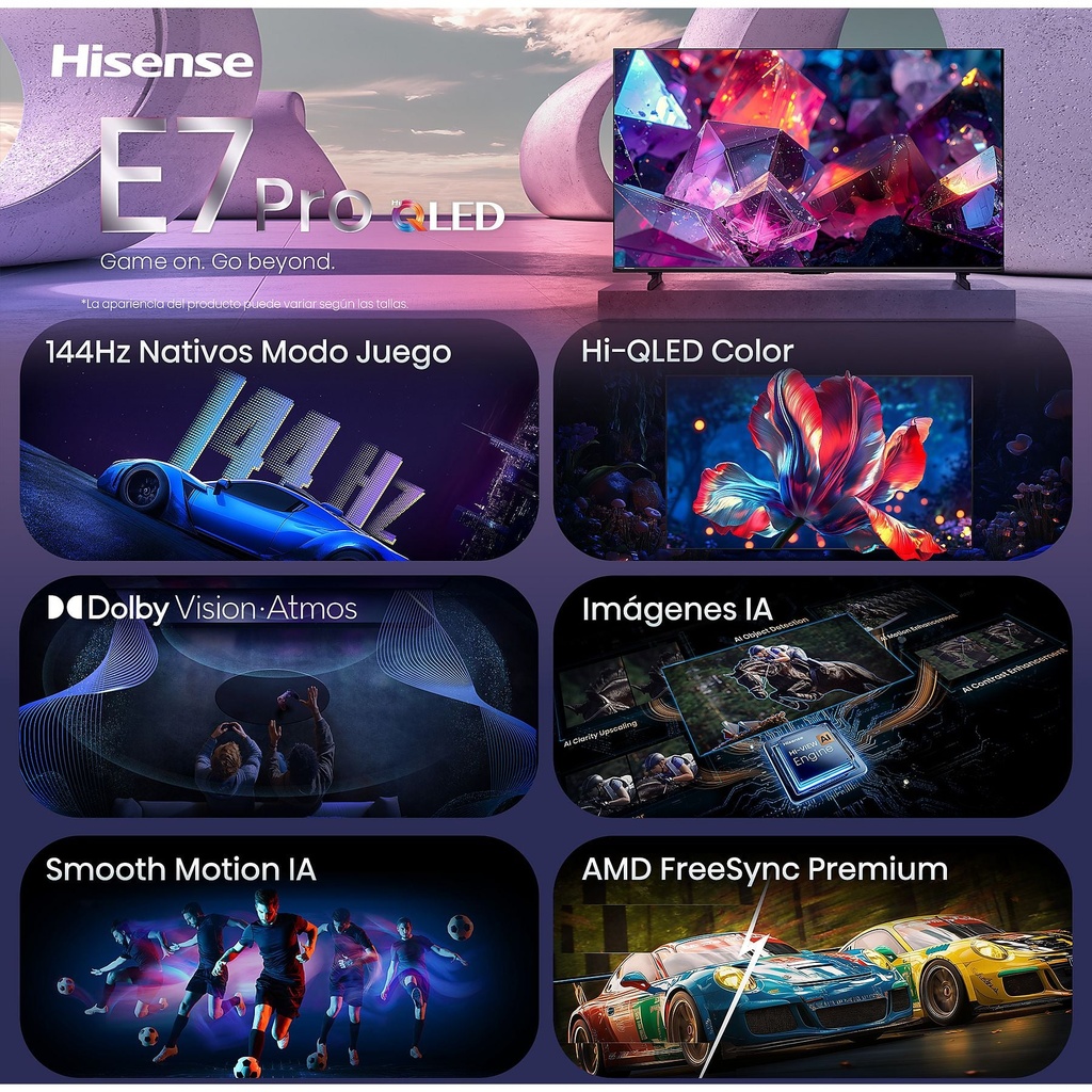 Hisense QLED 4K TV 75E7S PRO, Quad Core/MT9618, 144Hz Nativos, Smooth Motion IA, HDR10+Gaming