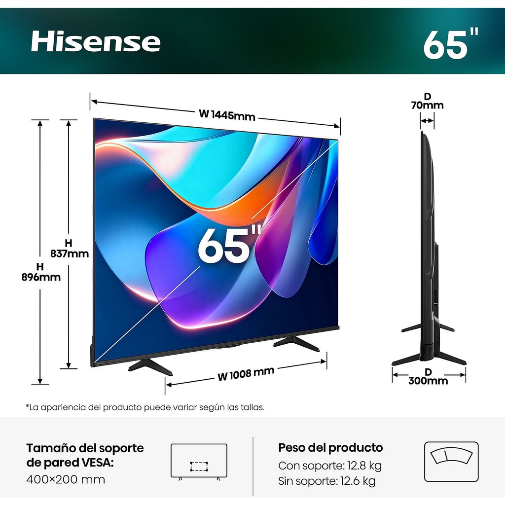 Hisense QLED TV 65A6S, Escalador 4K IA, Control por voz, Smooth Motion IA