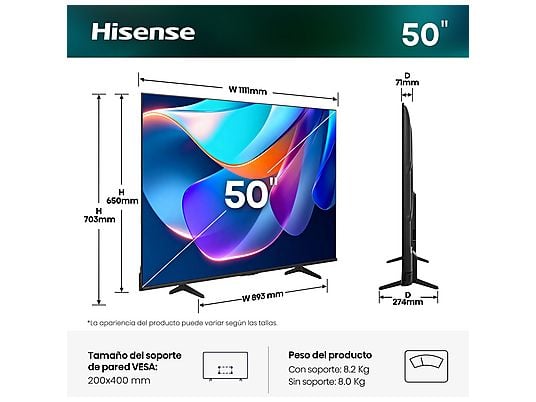 Hisense QLED TV 50A6S, Escalador 4K IA, Control por voz, Smooth Motion IA