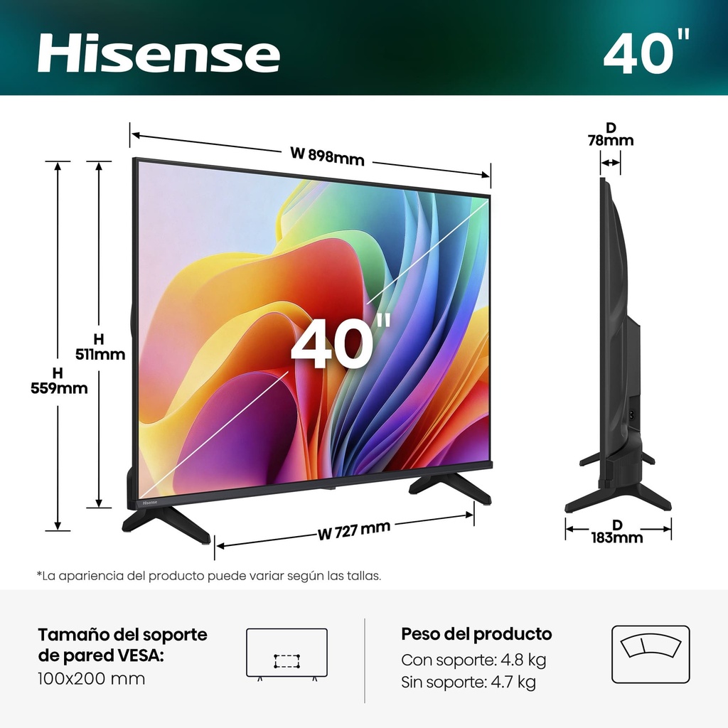Hisense HD TV 40A4S, Natural Colour Enhancer, Dolby Audio, Modo Juego, Smart Home Ready