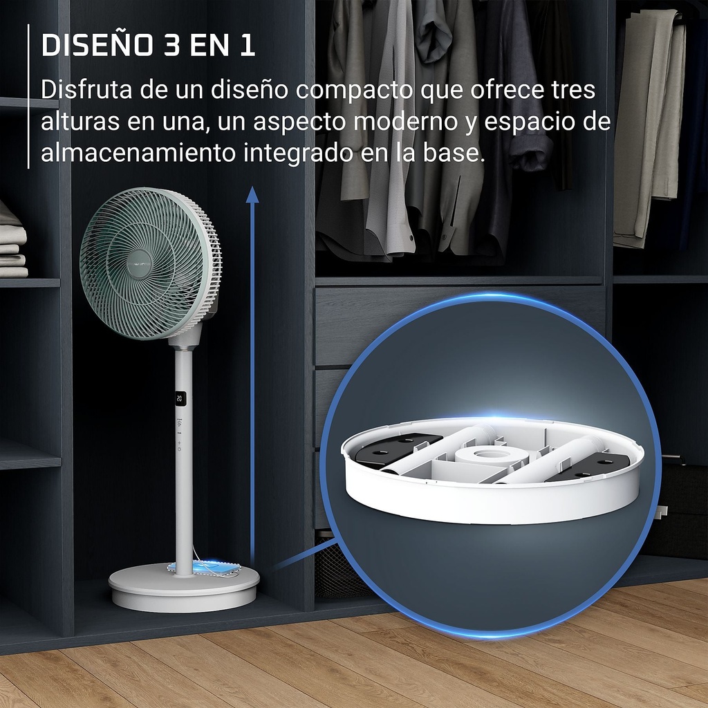 Rowenta QV5050F0,Ventilador de pie 3 en 1, Uso con o sin cable, Silencioso, 3 alturas, 20 velocidades, 3 modos automáticos y temporizador de 12 horas