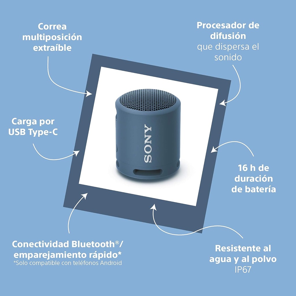 Sony SRS-XB100 Altavoz de viaje inalámbrico Bluetooth portátil, ligero, supercompacto, extraduradero, IP67, resistente al agua y al polvo, batería de 16 horas, correa versátil y llamadas manos libres, color AZUL