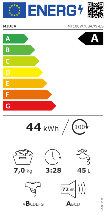 Midea MF100W70BAWES, lavadora carga frontal, motor inverter, clase A, 7KG, 1400 RPM