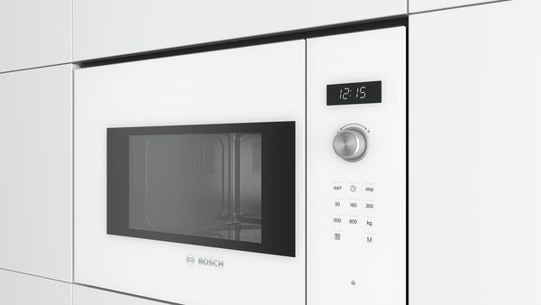 Bosch BFL524MW0, Microondas con plato giratorio, inox, cristal blanco, serie 6