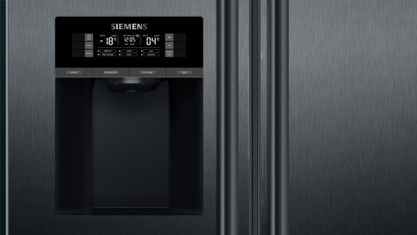 Siemens KF96DAXEA, frigorífico americano, dispensador con toma de agua, 4 puertas, No Frost, 183 x 90,5 cm, black inox, iQ500, clase E