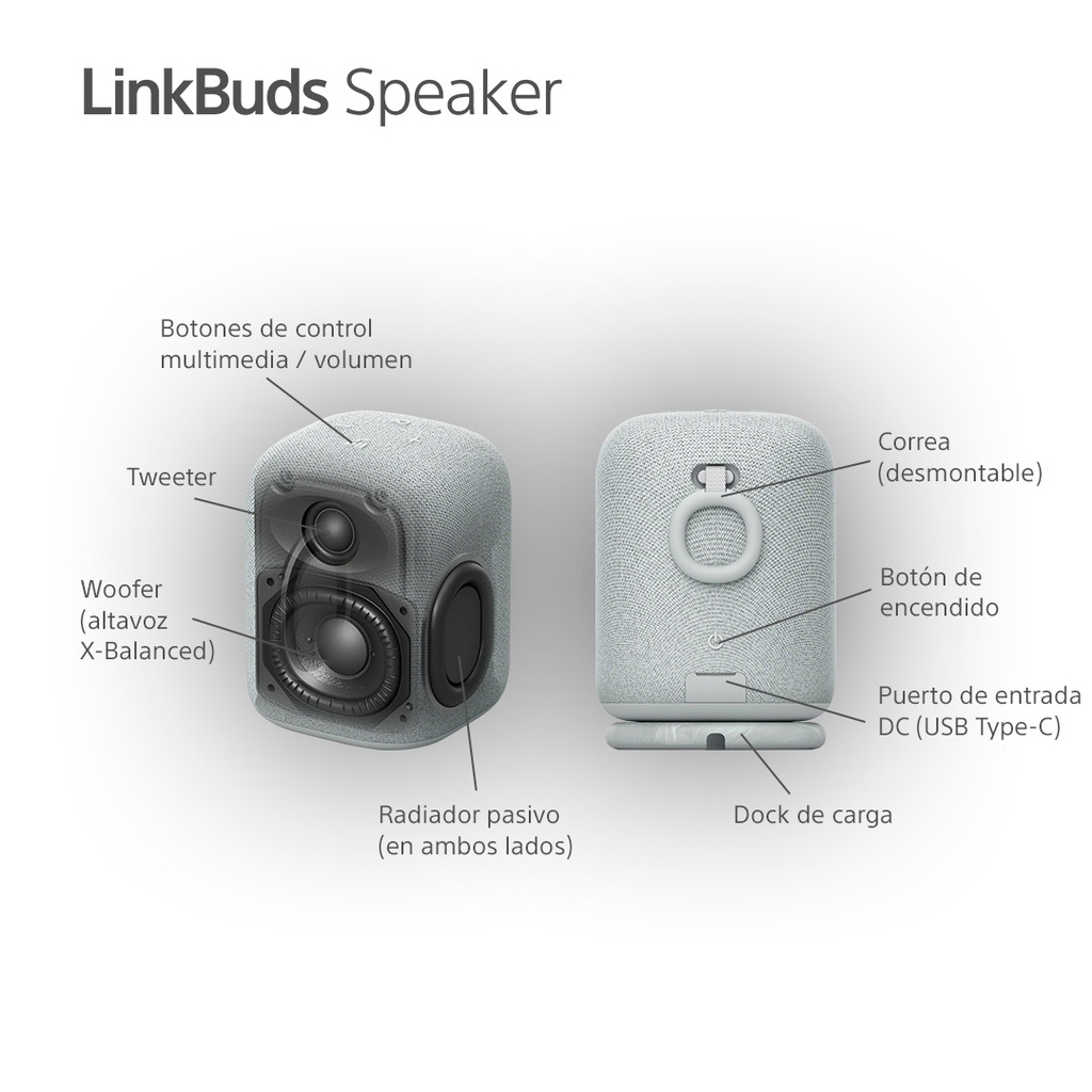 Altavoz inálambrico Linkbuds Speaker, SRSLS1,  Gran calidad, pequeño e inteligente, Bluetooth, Auto play, Resistente a salpicaduras, Base de carga, Batería hasta 25h
