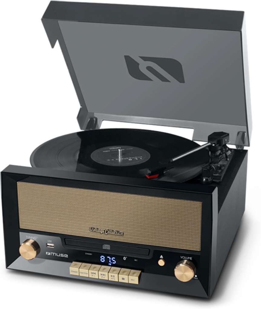 Muse MT-110 B, Microsistema con giradiscos estéreo, 3 velocidades 33/45/78 RPM, Radio FM, Reproductor CD/CD-R/CD-RW, Receptor Bluetooth, Puerto USB, Entrada auxiliar mini-jack, 2 altavoces integrados, Salida RCA, Toma de auriculares
