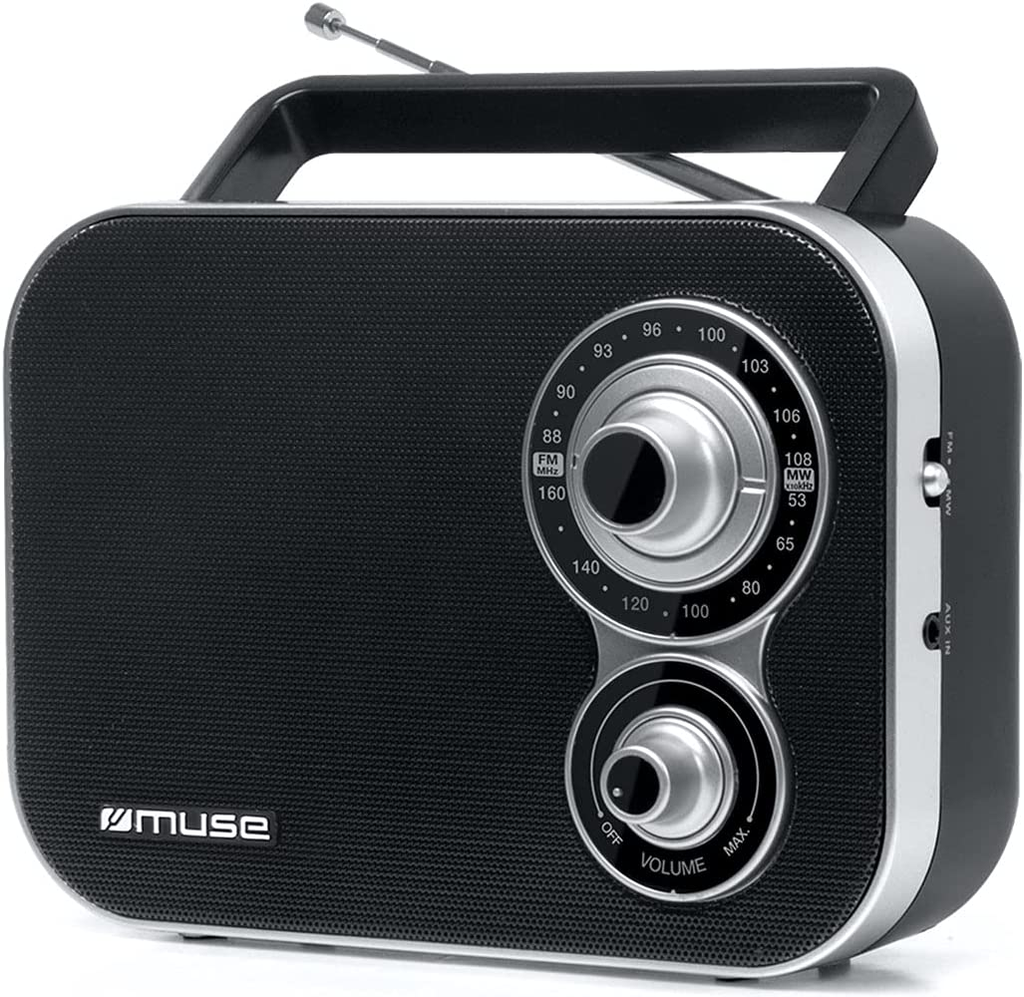 Muse M-051, Radio portátil, 2 bandas (FM/AM), Antena telescópica, Encenido y apagado en el botón de volumen, Toma de auriculares, Entrada auxiliar mini-jack