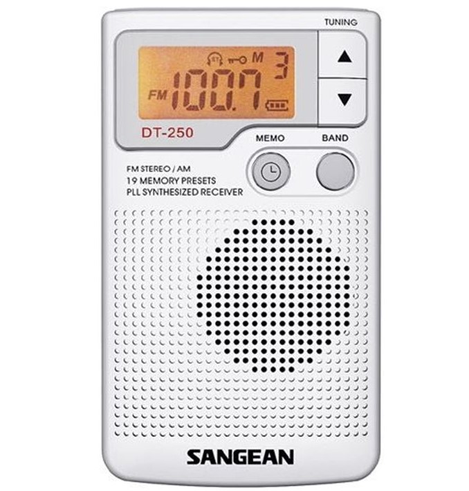 Sangean DT-250, radio portátil AM/FM, Dynamic Bass Boost, pantalla LCD, plata