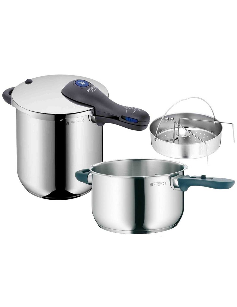 WMF Perfect Plus, set olla rápida 8,5 l + 4,5 l con interior incluido para cocinar al vapor, cestillo de vapor incluido