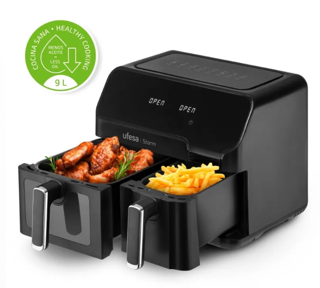 Ufesa Storm, freidora de aire, doble cubeta, 5,5l + 3,5l, 2700w, hasta 200ºC, 8 programas, negro