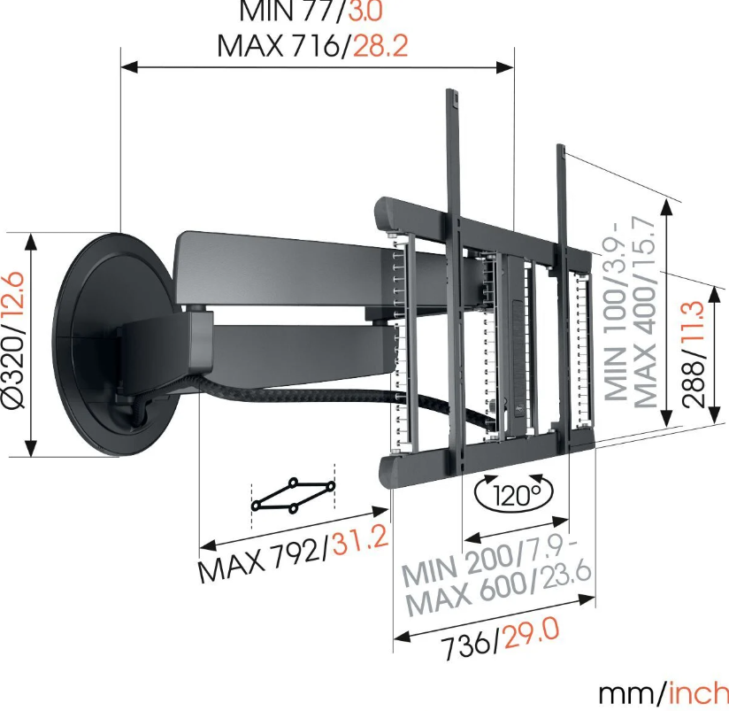 Vogels TVM7675, soporte Tv de giro motorizado, hasta 120°, de 40" a 77", hasta 35 kg, negro