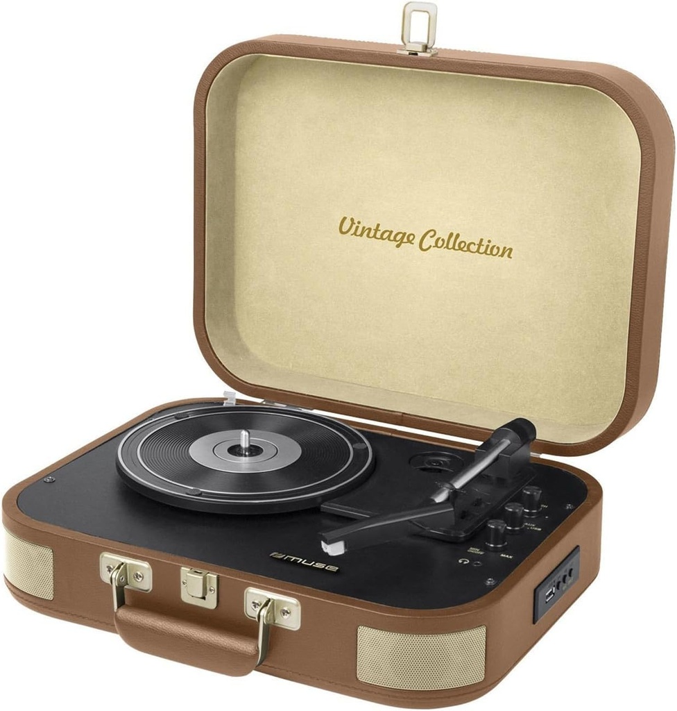 Muse MT-501, Giradiscos estéreo, 3 velocidades 33/45/78 RPM, Cápsula Audio Técnica MM (imán móvil), Recepor Bluetooth, Puerto USB, 2 altavoces integrados, Entrada auxiliar mini-jack, Salida RCA