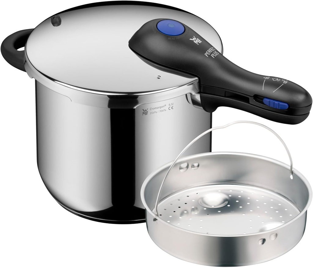 WMF Perfect Plus Pressure, olla rápida, 6,5l, con interior incluido para cocinar a vapor, cestillo de vapor incluido