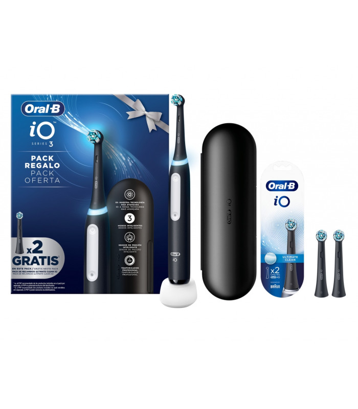 Oral-B iO3, cepillo eléctrico negro, con funda de viaje, 2 recambios, Ultimate Clean