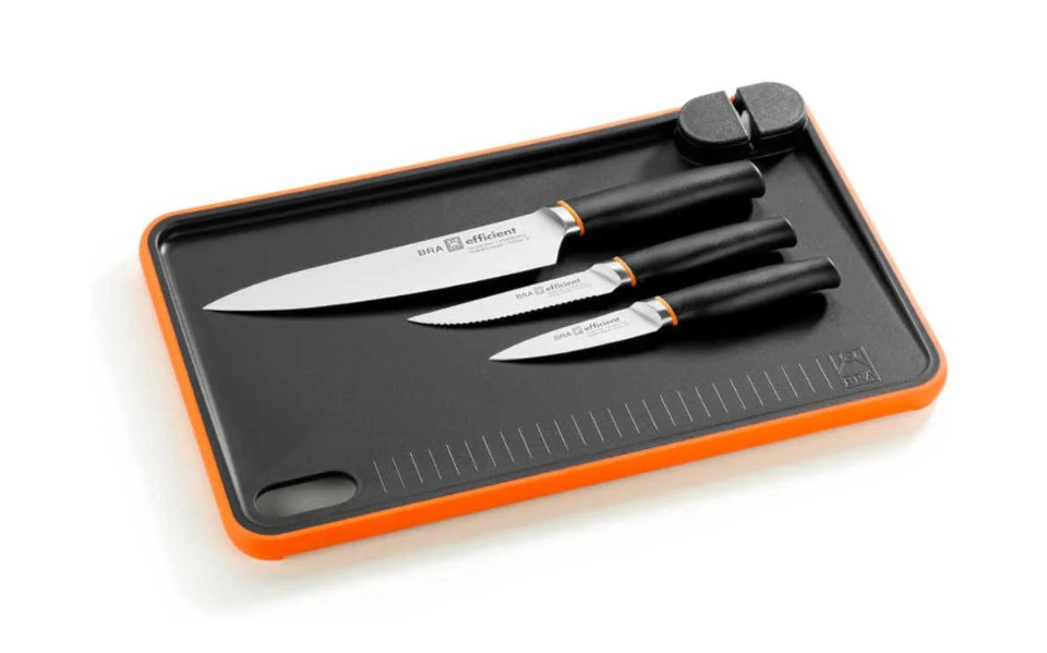 BRA A198021, set de 3 cuchillos Efficient, tabla de cortar incluida, afilador de cuchillos