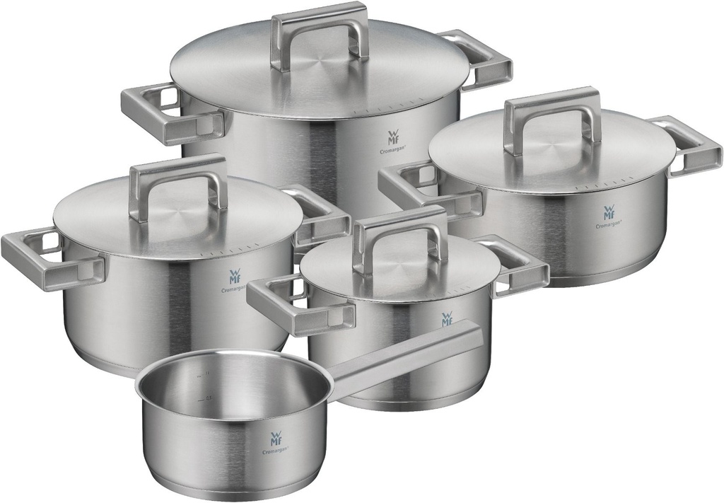WMF Ultimate Cool +, batería de cocina de 5 piezas, base TransTherm, Cromargan, tapas de acero inox