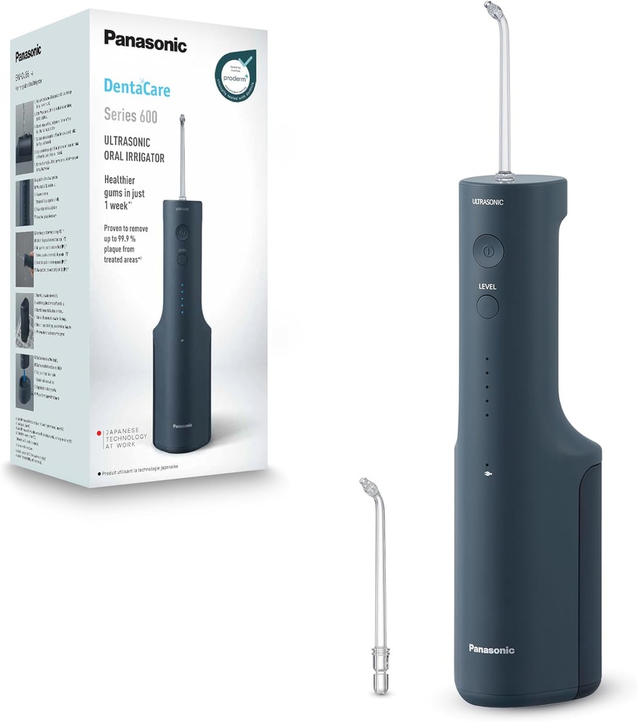 Panasonic EW-DJ66-A303, irrigador bucal recargable ultrasónico, 200ml, 2 boquillas, 5 niveles, azul