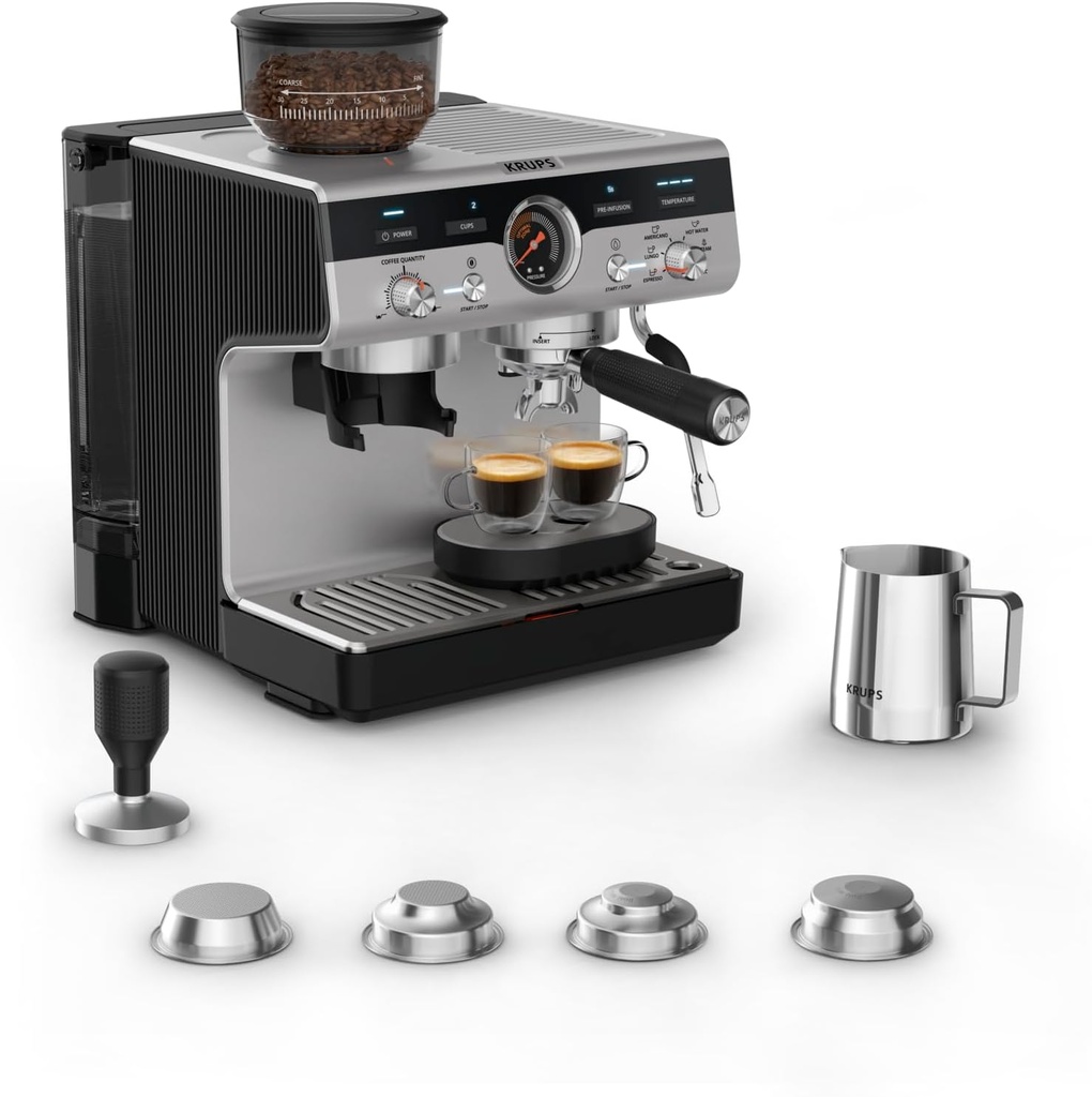 Krups XP801T10, Cafetera profesional para espresso y capuccino, con molinillo integrado y 30 ajustes de molienda, ajustes de preinfusión y control de temperatura, Acero inoxidable/Negro