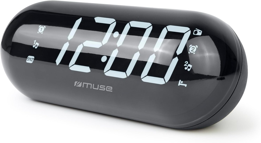 Muse M-19 GL, Radio FM/AM, Pantalla LED de 1,8'', Reloj 24h, Intensidad ajustable (Fuerte / Bajo / Apagado), 20 presintonías de FM, Radio o zumbador, Snooze y sleep