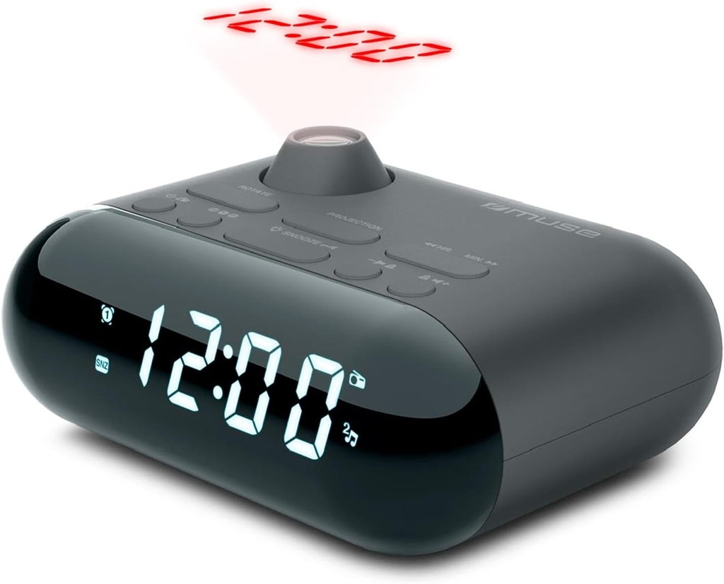 Muse M179 P, Radio despertador FM con 20 presintonías, Pantalla LED de 0,9'', Alarma dual, Proyección de hora de ángulo ajustable y rotación de imagen, Radio y buzzer, Snooze y función sleep