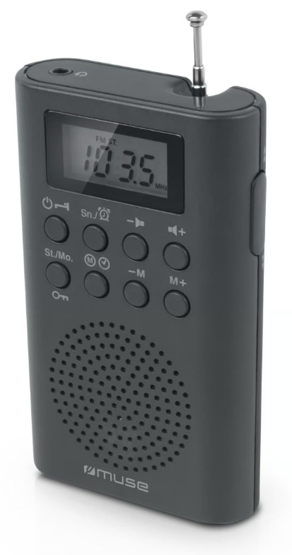 Muse M-03 R, Radio de bolsillo FP PLL, 20 emisoras presintonías de FM, Pantalla LCD, Antena telescópica de FM, Altavoz integrado, Despertador por radio o buzzer