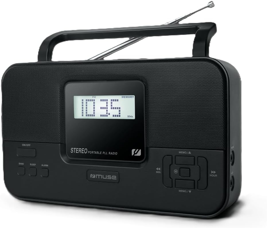 Muse M-087 MB, Radio portátil FM/AM PLL, 20 presintonías, Función de reloj, Toma de auriculares, Entrada Auxiliar, Operado con AC/DC