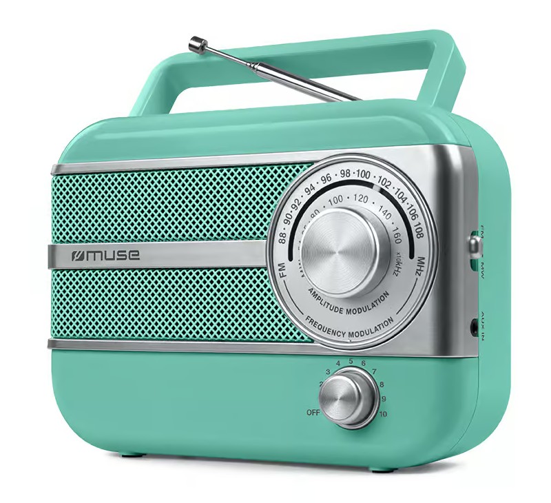 Muse M-056, Radio portátil FM/MW, Antena giratoria, Asa de transporte, Entrada auxiliar, Adaptador de corriente, Analógica, Diseño Vintage, 220V