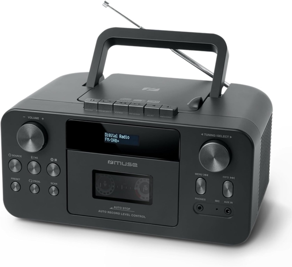 Muse M-182 DB, Radio reproductora y grabadora de cassettes, Radio FM y DAB/DAB+, Bluetooth, Reproductor de CD/CD-R/CD-RW, Pantalla LCD, 20 presintonías (10 FM y 10 DAB+), Antena telescópica y micrófono