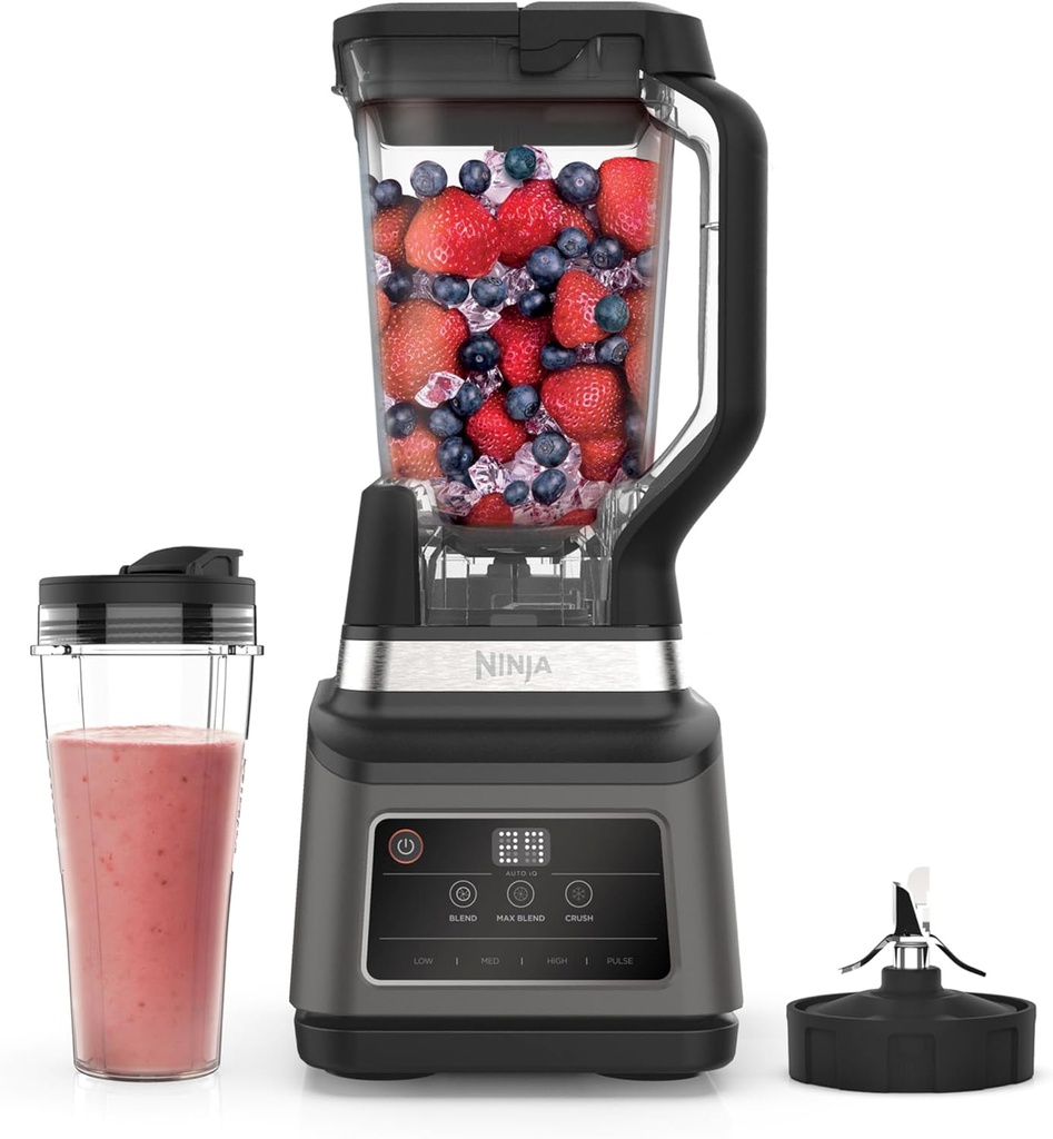 Ninja BN750EU, Batidora de vaso 2 en 1, 1200 W, 3 programas automáticos, 4 ajustes manuales, tecnología Auto-iQ, Jarra de 2,1 l y vaso de 700 ml, piezas aptas para lavavajillas, en negro,