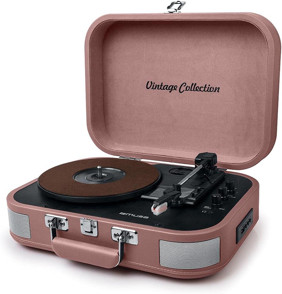 Muse MT-201, Giradiscos estéreo de 3 velocidades 33/45/78 RPM, Receptor Bluetooth, Puerto USB para reproducción y decodificación, Lector de tarjetas SD, Conmutador de auto-apagado, Entrada auxiliar mini-jack, 2 altavoces integrados, Salida RCA, Toma auriculares