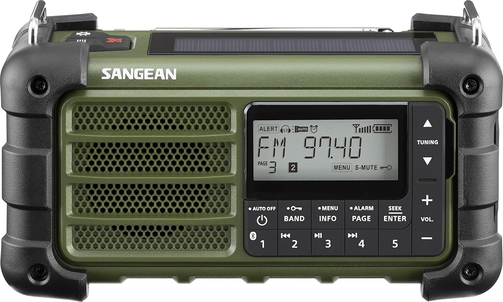 Sangean MMR-99, Radio de emergencia con manivela y panel solar, DAB+, 40 presintonías (20 AM / 20 FM), Linterna, Resistente al polvo y al agua