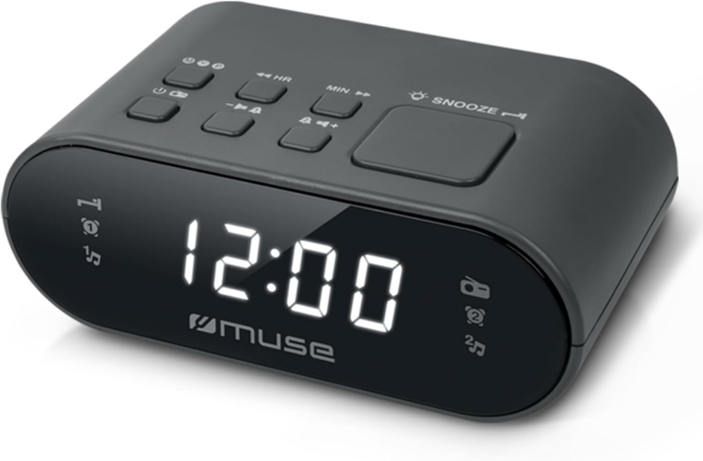 Muse M-10, Radio FM/PLL con 20 presintonías para emisoras de FM, Despertador por radio o buzzer, Reloj 24 horas con LED blanco de gran tamaño e intensidad ajustable