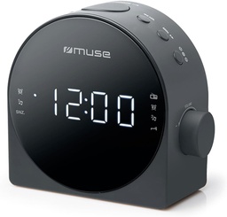 [M185CR] Muse M-185 CR, Radio despertador FM/MW PLL con 20 presintonías para emisoras (10 FM + 10 MW), Radio o buzzer, Snooze, 24 horas con LED blanco, Intensidad ajustable